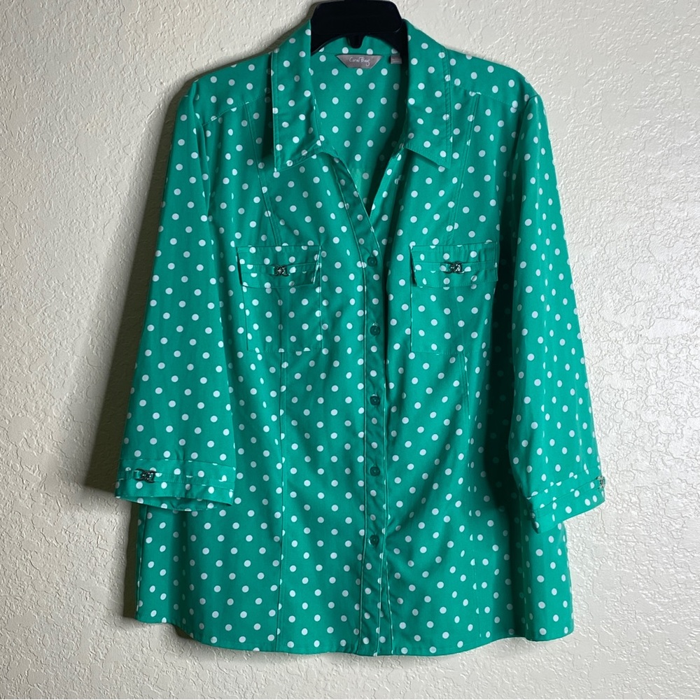 Coral Bay Collar 3/4 Sleeve Button Front Green White Polka Dot Blouse Size XL
